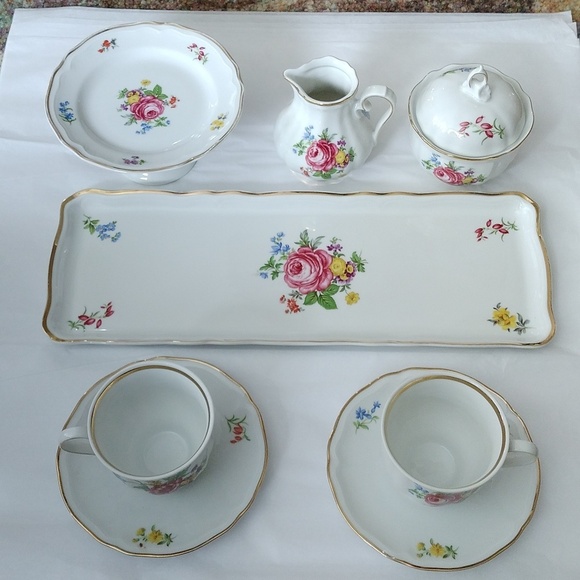 Schirnding Bavaria Tea Set Sandwich Tray Creamer Sugar Bowl Cups Saucers Dreden - Picture 1 of 17